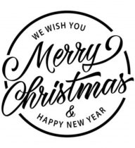 Merry Christmas and Happy New Year circular greeting graphic used for seasonal promotionq